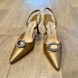 Vintage Manolo Blahnik Satin Slingback Heels – Gold Bronze with Crystal Buckle